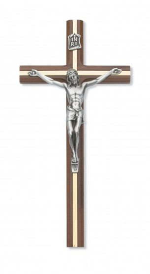Crucifix, made from walnut wood with silver inlay 10" tall
