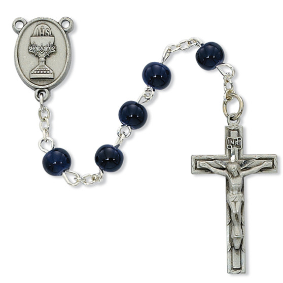 BEAUTIFUL BLUE COMMUNION ROSARY 6 MM BEADS, INCLUDES GIFT BOX.