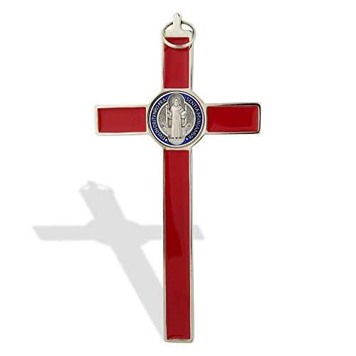 Saint Benedict Wall Crucifix with Colored Enamel (Silver-Red