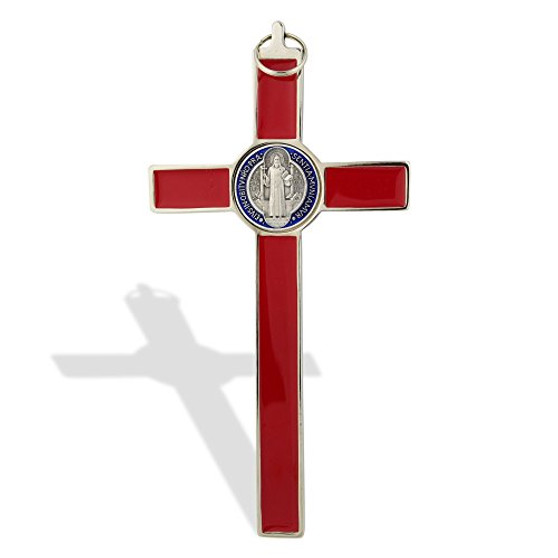 Saint Benedict Wall Crucifix with Colored Enamel (Silver-Red)