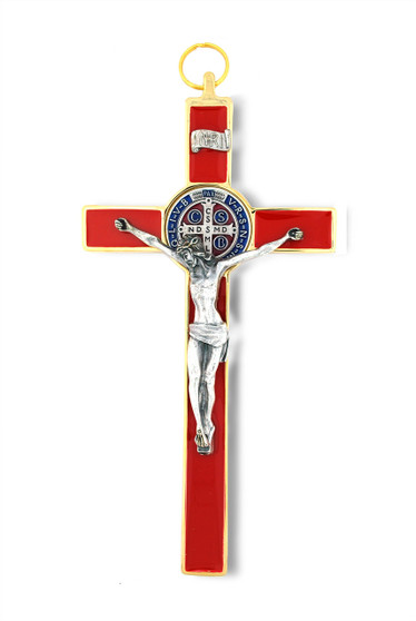 Saint Benedict Wall Crucifix with Colored Enamel (Gold-Red)