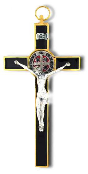 Saint Benedict Wall Crucifix with Colored Enamel (Gold-Black)
