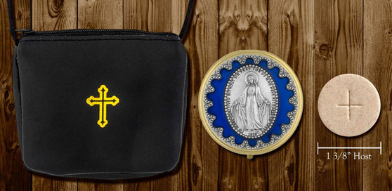 Black burse with yellow details. Silver and blue Pyx featuring the Immaculate Conception.