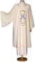 Marian Dalmatic in 100% Polyester with Embroidered Ave Maria Symbol and Gold Soutache Trim – Elegant Liturgical Vestment
