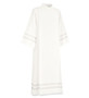 Front Wrap Alb in Beige Greco Fabric with Linear White Embroidery by Slabbinck – Washable Liturgical Vestment with Stitched Pleats and Embellished Hem -Small