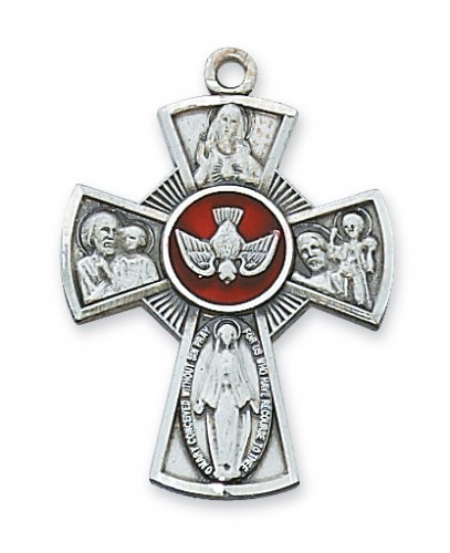 Large 4 Way Medal Cross with Red Enamel, Sterling Silver - Trinity