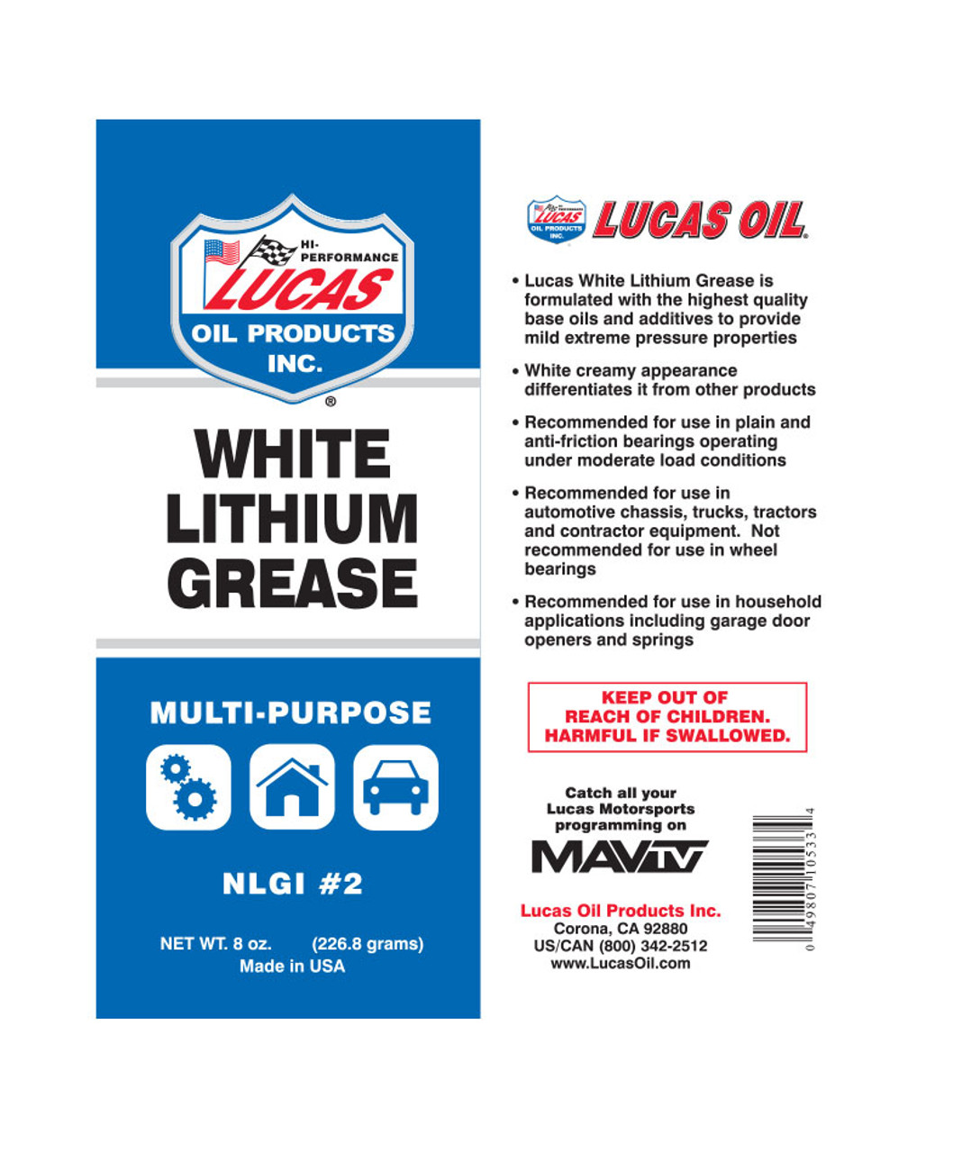 Lucas White Lithium Grease Squeeze Tube, 8oz 10533 Lucas Oil Barndoor Ag