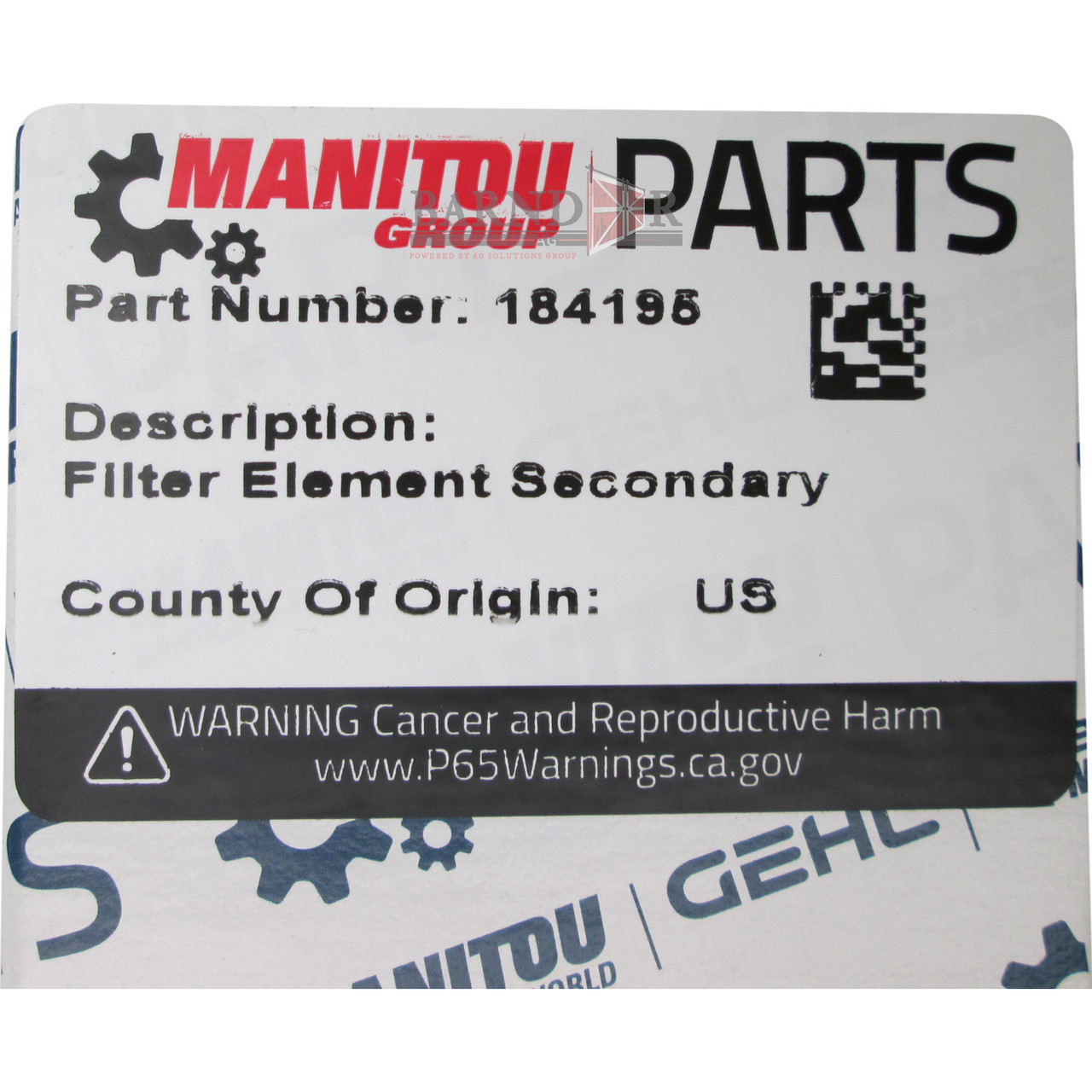 Manitou Secondary Filter Element | 184195 | Barndoor Ag