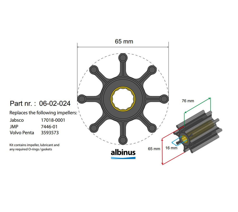 Albinus 06-02-024 marine raw water pump impeller for Volvo Penta diesel engines