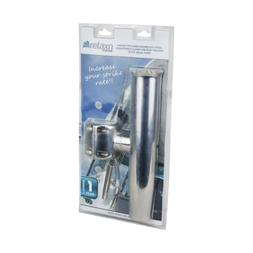 Polished 304G stainless steel clamp-on rod holder by Relaxn for secure and precise rod placement