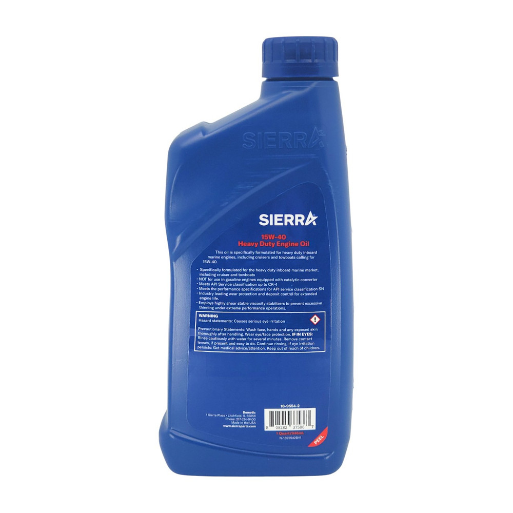 Sierra 18-9554-2 15W-40 Multi-Vehicle Oil - Quart - rear label and specifications