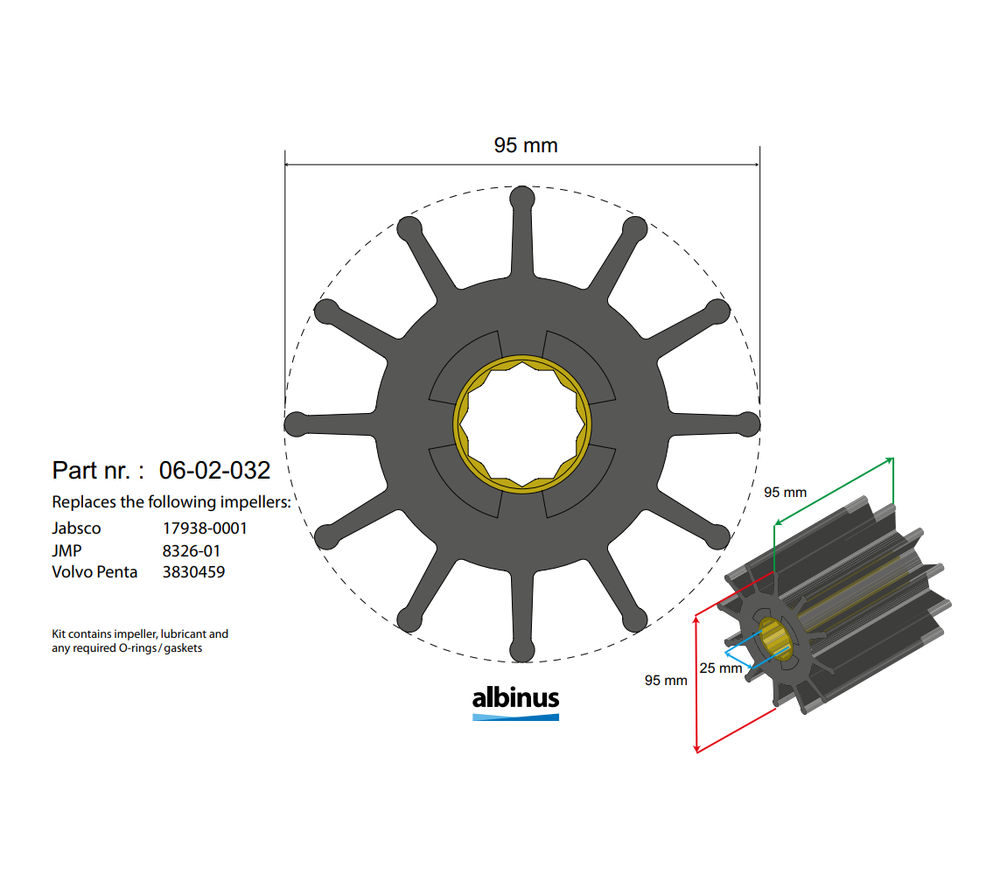Albinus 3830459 impeller kit including O-rings and impeller lubricant