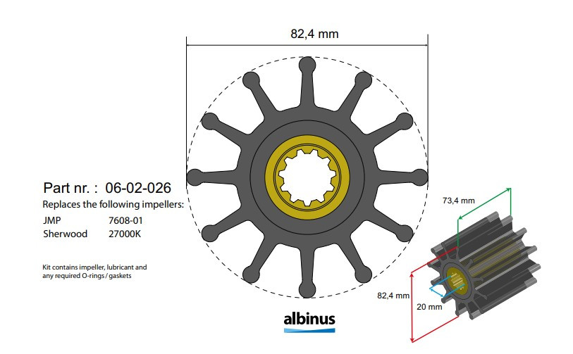 Albinus 27000K replacement impeller kit for Cummins QSB marine engines