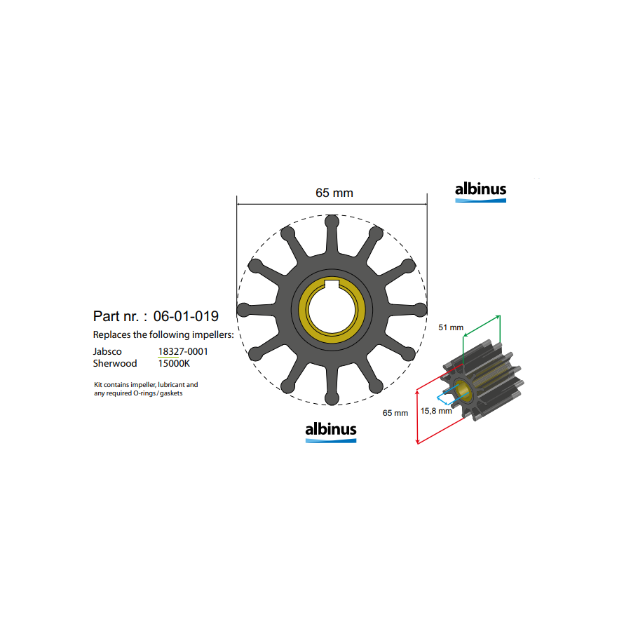 Sherwood 15000K replacement impeller kit for Cummins marine engines