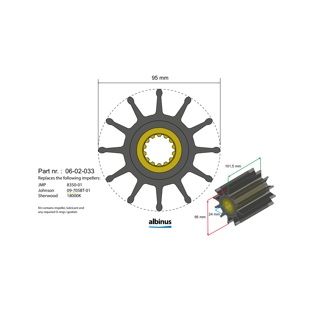Albinus 18000K impeller kit for Cummins QSM11 marine diesel engines