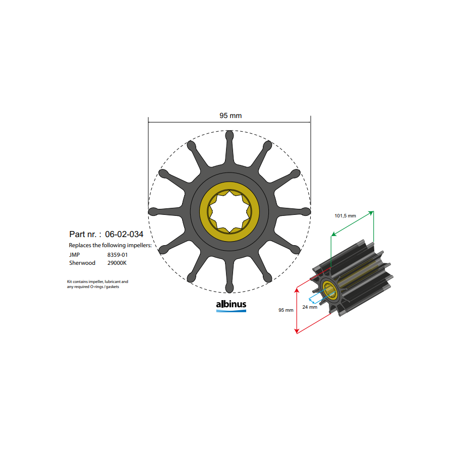 Albinus 29000K impeller kit for Cummins QSM11 marine diesel engines
