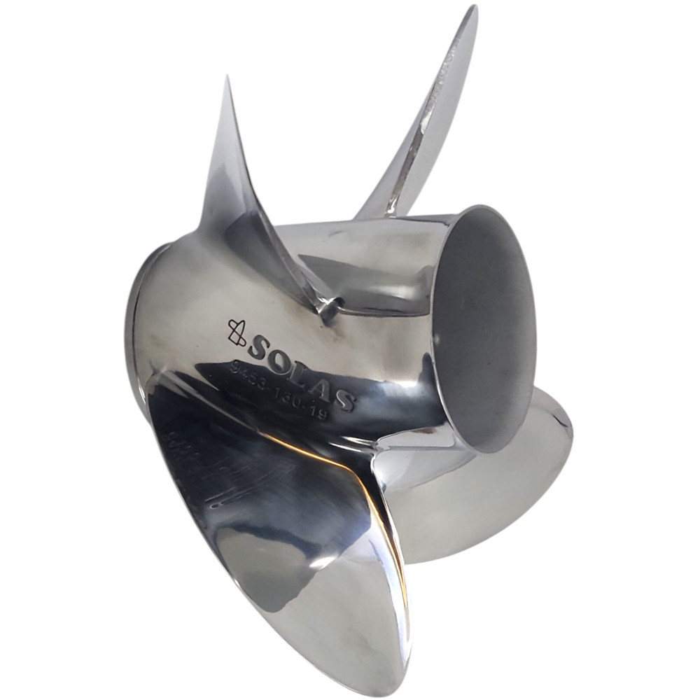 Evinrude 40-140HP Rubex 4 Blade Stainless Steel Propeller showing high rake and cupped blade