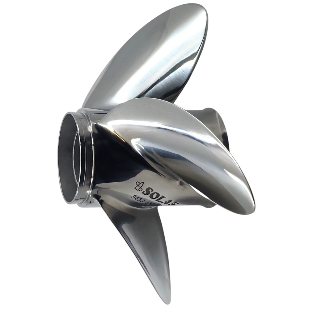 Evinrude 40-140HP Rubex HR 4 Stainless Steel LH Propeller showing high rake and cupped blade