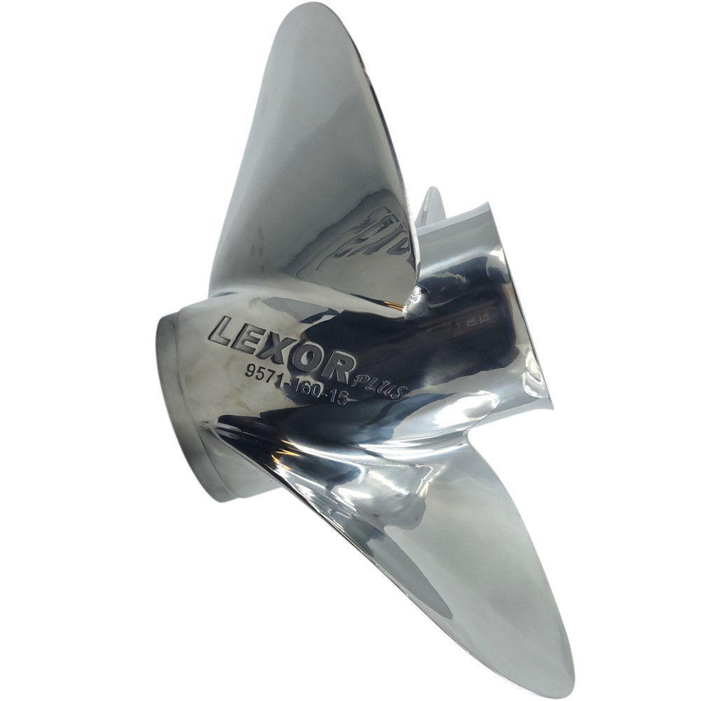 Aggressive camber and cupped blade design for Johnson 200-300HP Rubex 3 Pro L3 LH propeller