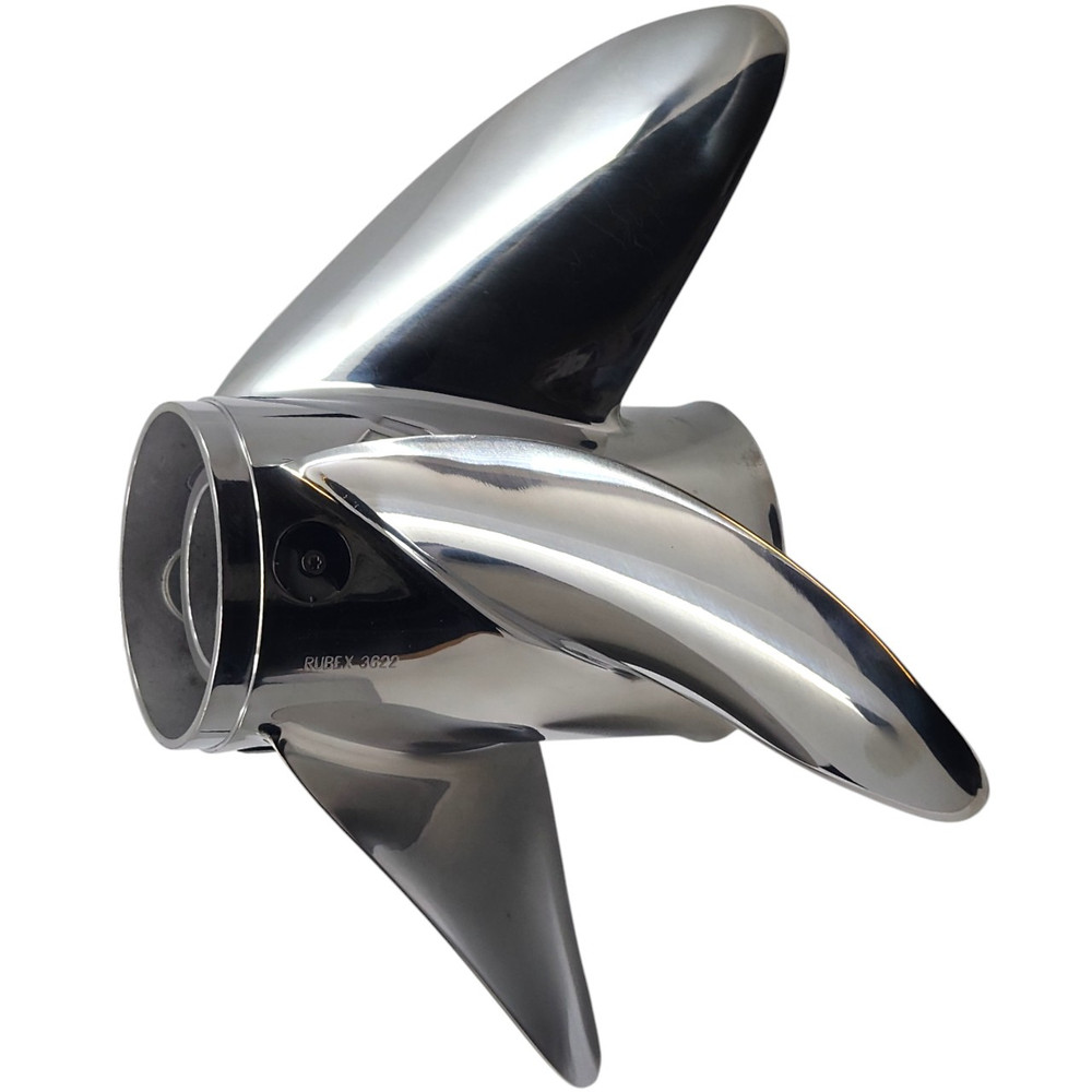 Aggressive camber and cupped blade design for Johnson 200-300HP Rubex Pro L4 RH propeller