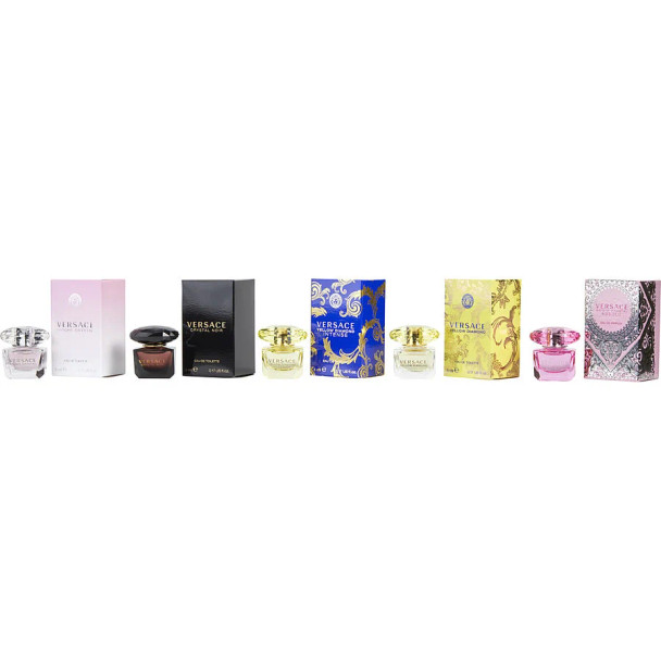 Versace Variety women 5 Piece  Mini Variety With Crystal Noir Eau De Toilette & Bright Crystal Eau De Toilette & Yellow Diamond Eau De Toilette & Yellow Diamond Intense Eau De Parfum & Bright Crystal Absolu Eau De Parfum And All Are 0.17 oz Minis