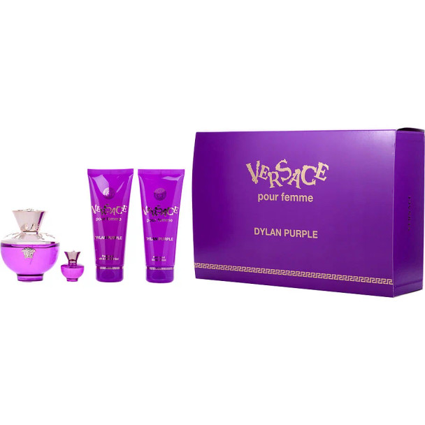 Versace Dylan Purple Eau De Parfum Spray 3.4 oz & Body Lotion 3.4 oz & Bath & Shower Gel 3.4 oz & Eau De Parfum 0.17 oz Mini