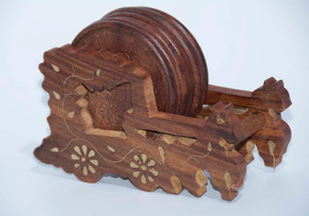 Handmade Wooden Round Coaster with Horse Cart Holder (6 - Pack)