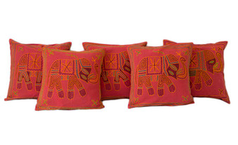 Exotic Kantha Embroidery Elephant Red Cushion Covers Decorative Pillow Case