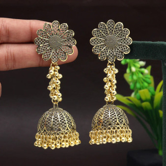 Gold Flower Big Size Oxidised Jhumka Earring