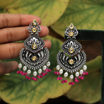 Rani Color Stone Oxidised Dual Tone Earrings