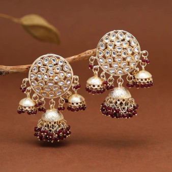 Maroon Kundan Jhumka Earrings