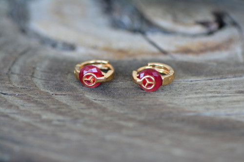 18K Gold Red Corundum Mercedes Designer Brass Earrings