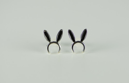 925 Sterling Silver Black Enamel Rabbit Earrings