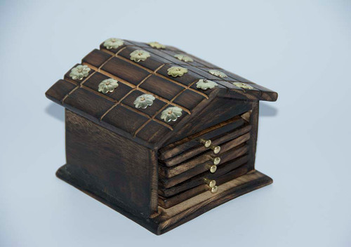 Handcrafted Wooden Square Coasters With Hut Holder (6 - Pack)