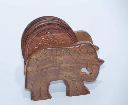 Handcrafted  Wooden Round Coasters With Elephant Cart Holder (6 - Pack)