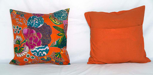 Handmade Orange Kantha Threaded Pillow Cushion Covers