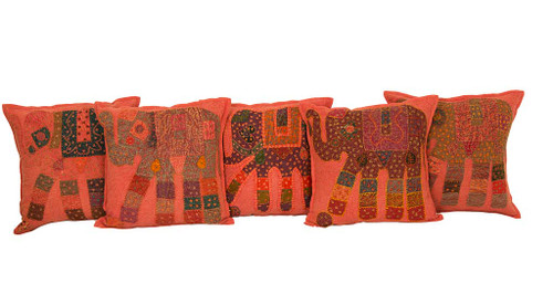 Kantha Patchwork Elephant Orange Cushion Covers Decorative Pillow Case