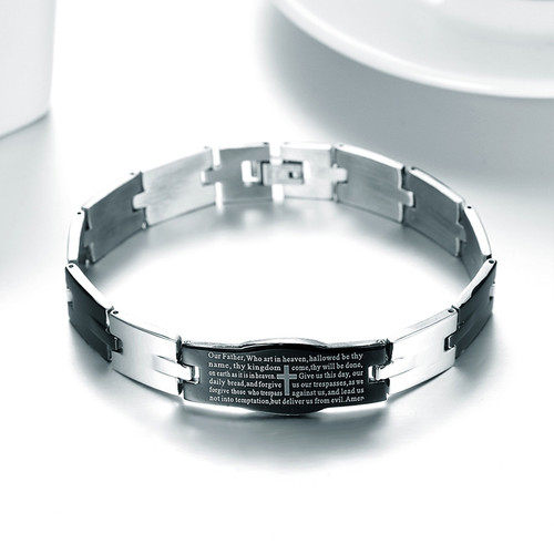 Christian Religious English Prayer Jesus Black Stainless Steel Unisex Bracelet