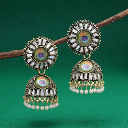 Gold Color Round Peacock Feather Oxidised Earrings 