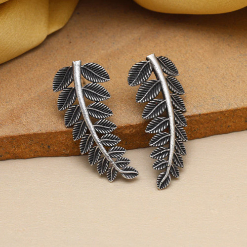 Leaf Shaped Silver Color Oxidised Earrings