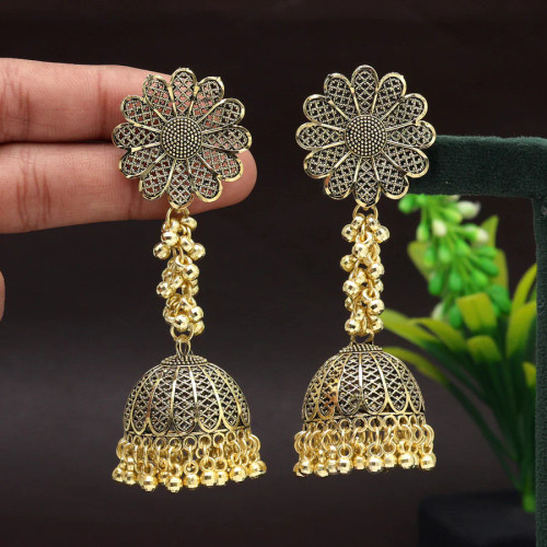 Gold Flower Big Size Oxidised Jhumka Earring