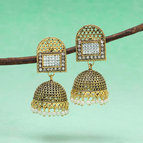 Cage Gold Oxidised Jhumka Earrings