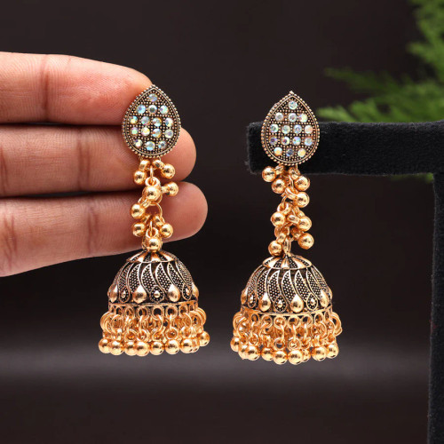 Golden Beads Oxidised Jhumka