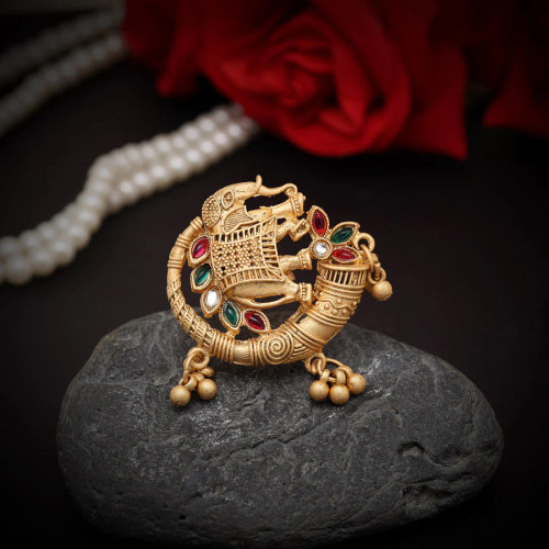 Elephant Rani & Green Color Matte Gold Finger Ring