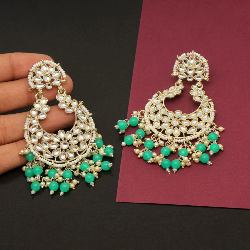 Rama Green Color Kundan Dangle Earrings