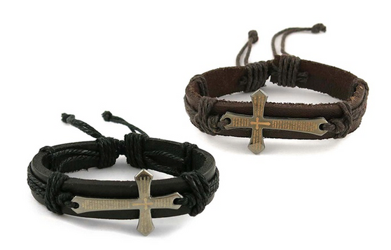 Christian Religious Cross Spanish Prayer Genuine Leather Strap Unisex Bracelet
