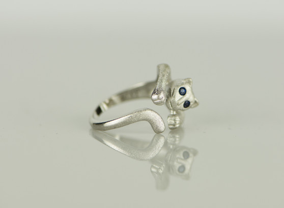 925 Sterling Silver Blue Crystal Rhinestone Cute Cat Resizable Ring