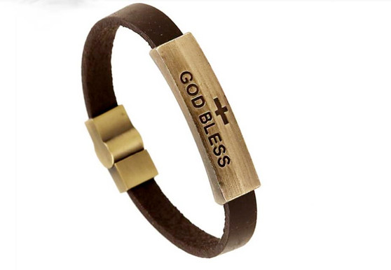 Christian Religious "God Bless" Jesus Genuine Leather Strap Unisex Bracelet