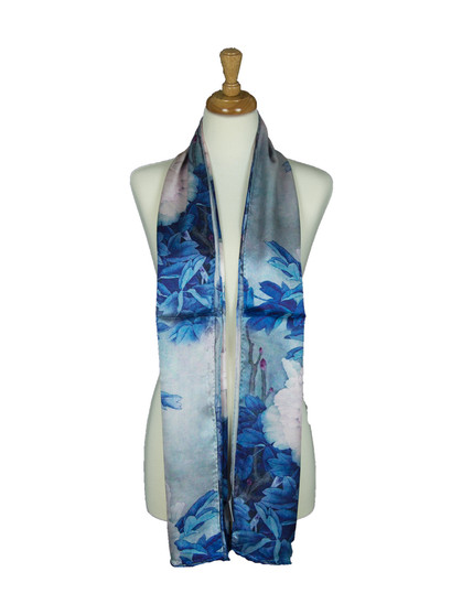 AamiraA White Peony Floret Soft Mulberry Satin Silk Stole Women Long Scarf 