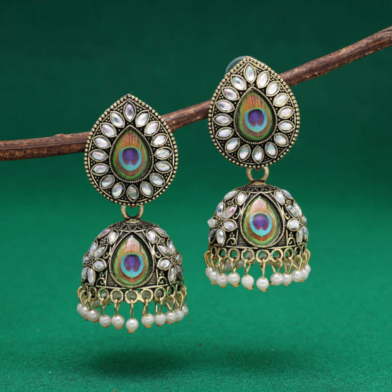 Gold Color Peacock Feather Leaf Oxidised Earrings 